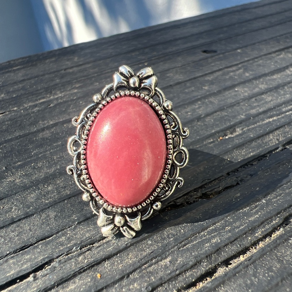 Rose Pink Rhodonite Stone Filagree Silver Tone Ring - Victorian Style Bow Ring